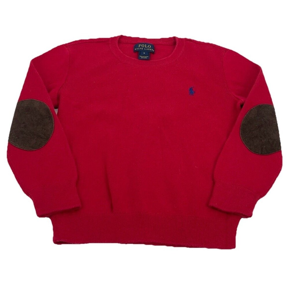 Polo Ralph Lauren Kids Size 6 Red Cotton Preppy Sweater Suede Elbow Patches